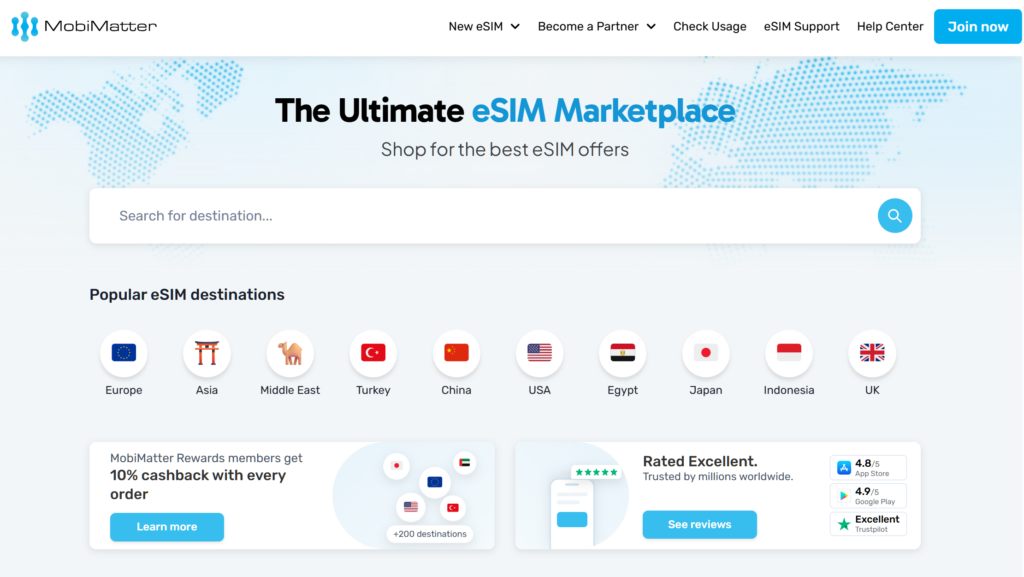 MobiMatter website homepage, the eSIM marketplace