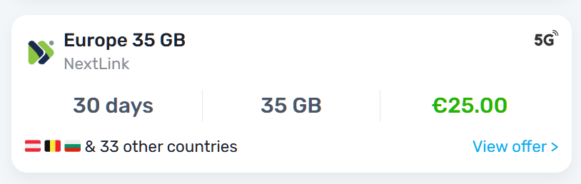 MobiMatter NextLink Europe 35GB eSIM plan card showing €25 for 30 days